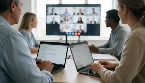Quatre personnes en réunion d'équipe, travaillant sur des ordinateurs portables devant un grand écran lors d'un appel vidéo, dans un environnement professionnel et naturel.