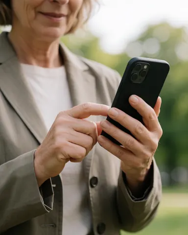 Une femme d'affaires heureuse regarde son écran de smartphone en extérieur, baignée de lumière naturelle avec un arrière-plan verdoyant flou.