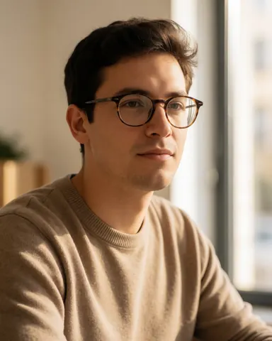 Jeune développeur portant des lunettes et un pull assis dans un bureau partagé avec lumière naturelle, regardant vers le côté dans une ambiance professionnelle.