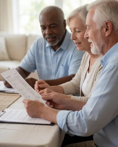 Un couple d'adultes examine ensemble un document sur une table en bois dans un intérieur lumineux, échangeant des informations avec calme et concentration.