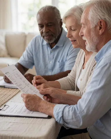 Un couple d'adultes examine ensemble un document sur une table en bois dans un intérieur lumineux, échangeant des informations avec calme et concentration.