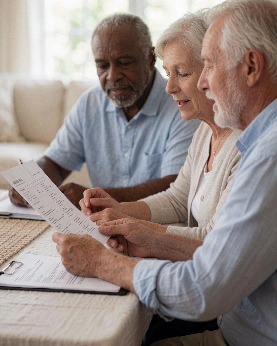 Un couple d'adultes examine ensemble un document sur une table en bois dans un intérieur lumineux, échangeant des informations avec calme et concentration.