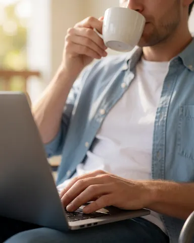 Un homme barbu, vêtu d'une chemise et d'un jean, est assis sur une terrasse ensoleillée, utilisant son ordinateur portable avec une tasse de café à côté.