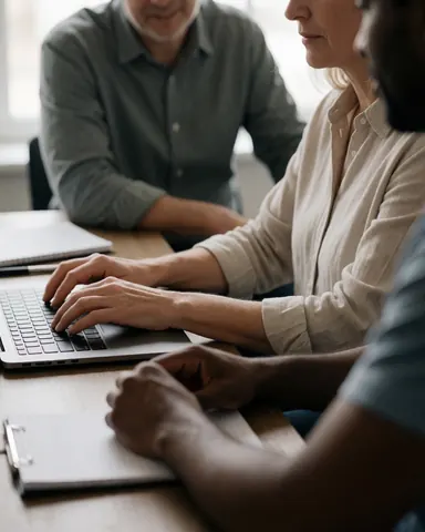 Deux collaborateurs échangent des idées lors d'une réunion en bureau moderne, utilisant un ordinateur portable posé sur une table avec des documents.