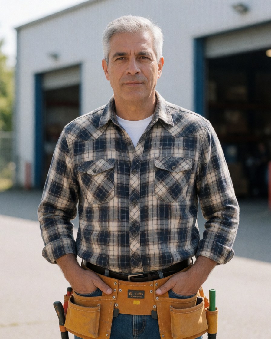 Homme d'âge mûr en chemise à carreaux et ceinture d'outils, regardant la caméra devant un entrepôt industriel. Lumière naturelle du jour, pose professionnelle.