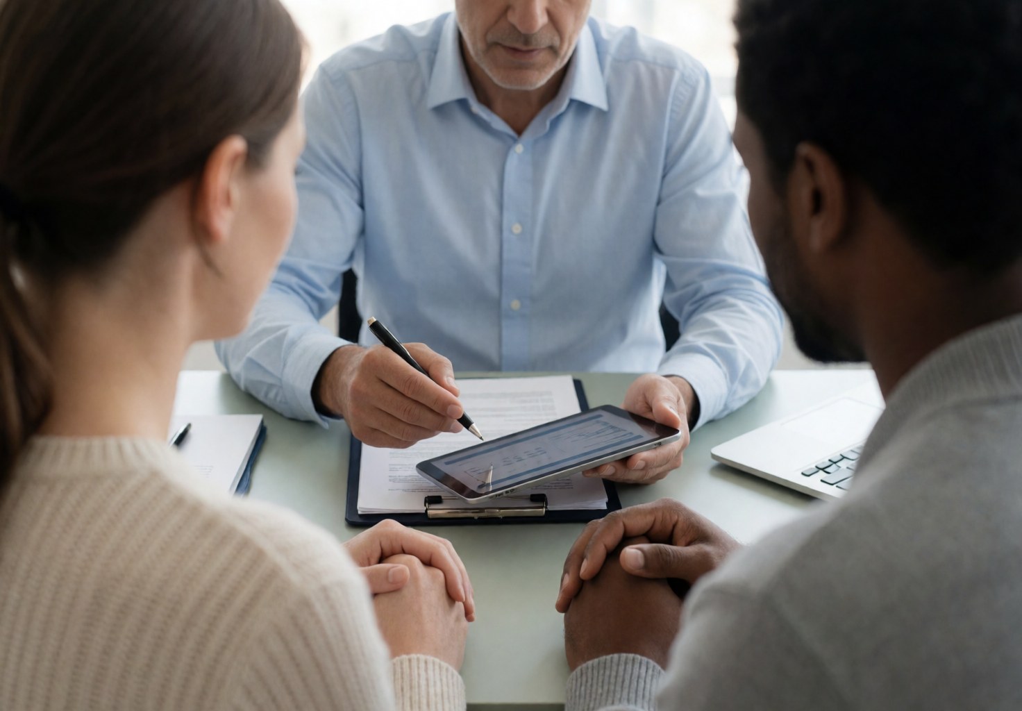 Un agent d'assurance présente des détails à un couple assis dans un bureau professionnel, entouré de documents et d'un ordinateur portable.