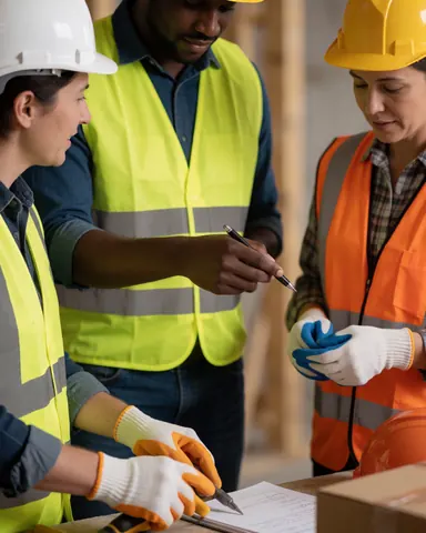 Trois ouvriers en tenue de sécurité inspectent ensemble des plans architecturaux lors d'une réunion technique sur un chantier de construction.