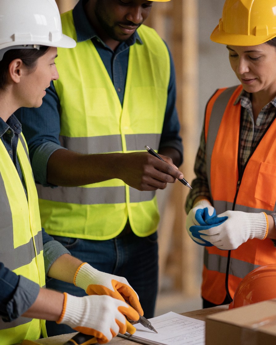 Trois ouvriers en tenue de sécurité inspectent ensemble des plans architecturaux lors d'une réunion technique sur un chantier de construction.