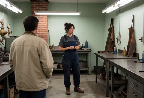 Une femme en combinaison explique un processus à un client dans un atelier industriel avec murs verts, cheminée en brique et outils suspendus.