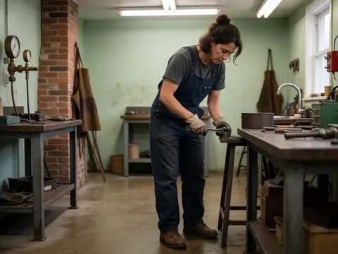 Une femme portant des gants de protection manipule des outils dans un atelier avec des murs verts et un sol en béton.