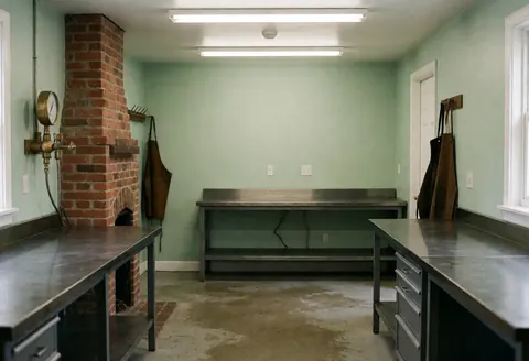 Intérieur d'un espace de travail vide et organisé, doté de murs en briques rouges, de bancs métalliques et d'un éclairage fluorescent au plafond.