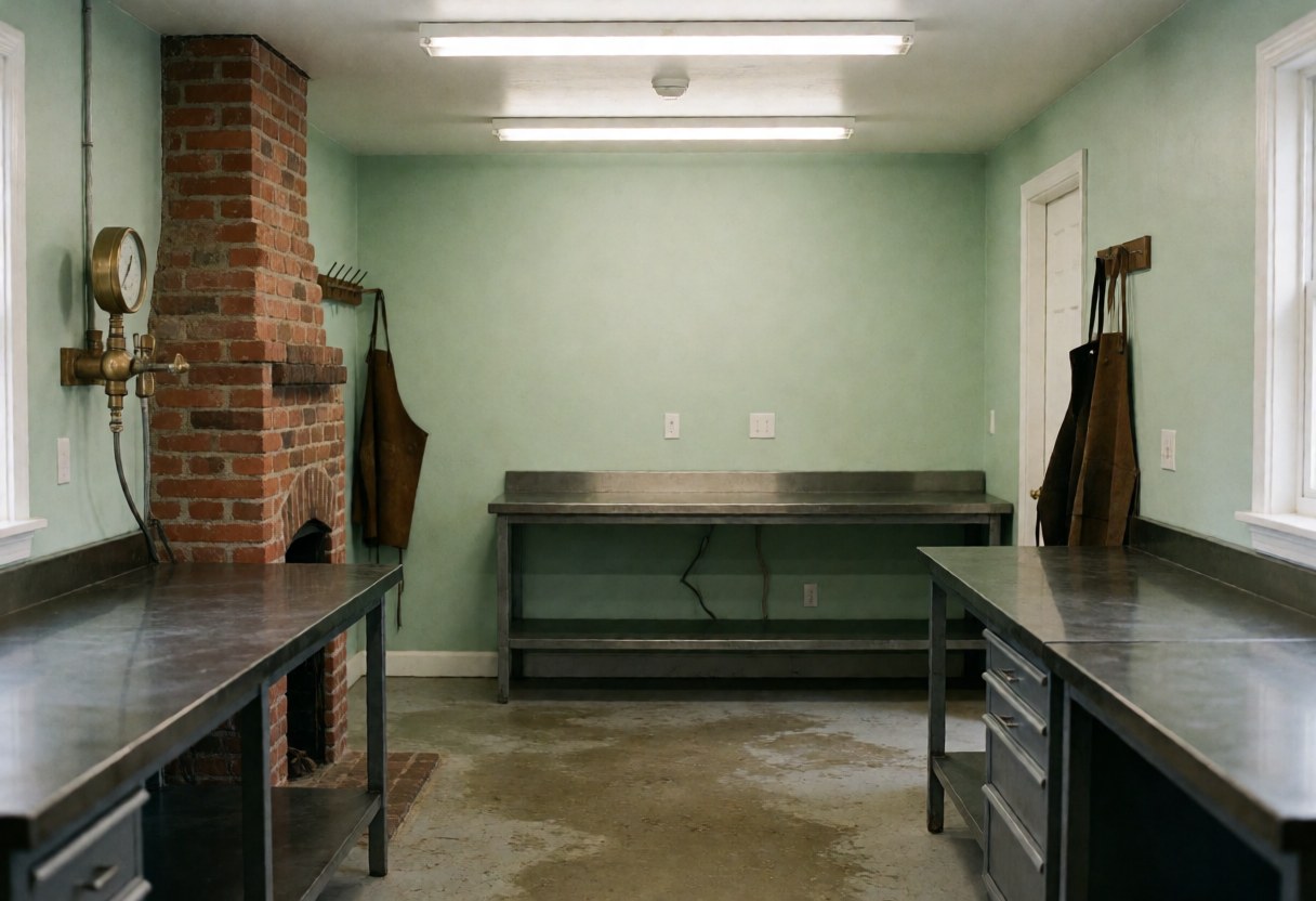 Intérieur d'un espace de travail vide et organisé, doté de murs en briques rouges, de bancs métalliques et d'un éclairage fluorescent au plafond.