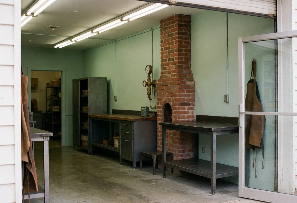 Vue extérieure d'un atelier industriel montrant une façade en briques et une cheminée, typique des bâtiments de production.