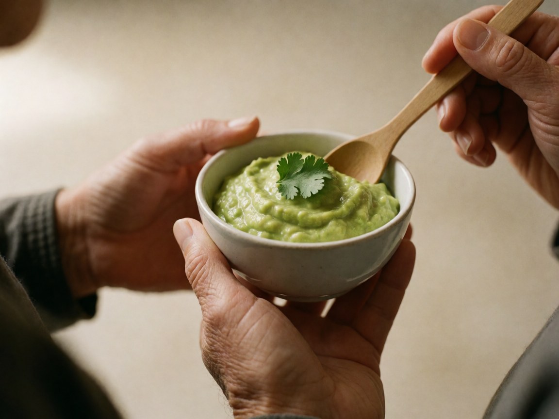 Un bol blanc en céramique rempli de guacamole vert frais garni de coriandre, tenu par des mains avec une cuillère en bois, sur un fond neutre éclairé par la lumière naturelle.
