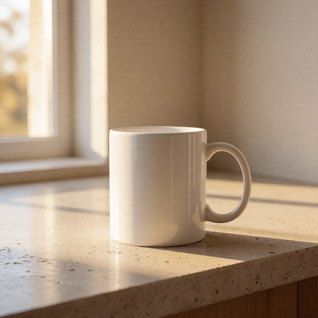 Une tasse en céramique posée sur une surface claire baignée d'une lumière chaude et dorée, créant des ombres douces pour une présentation de produit élégante.