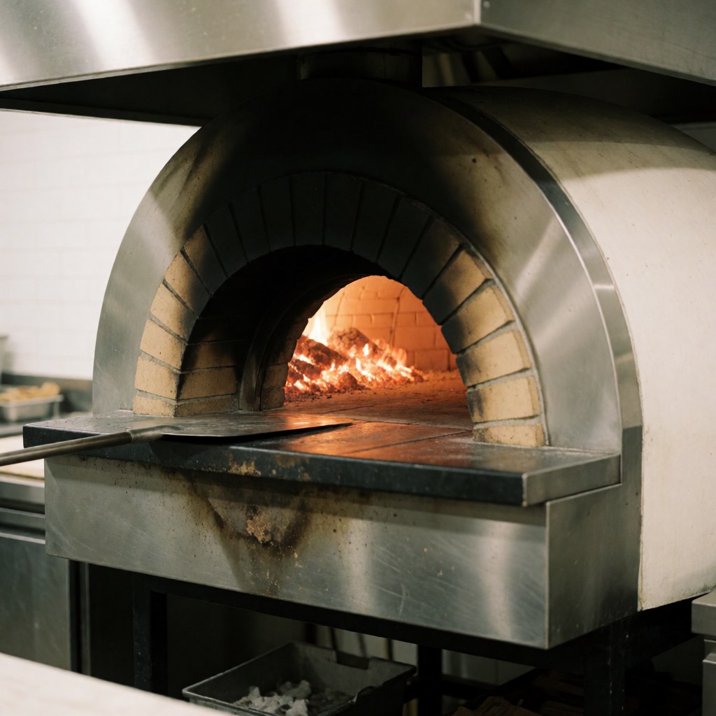 Un four à bois napolitain en briques rouges avec des flammes visibles à l'intérieur, conçu pour la cuisson professionnelle de pizzas dans une cuisine commerciale.