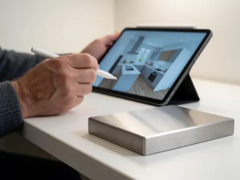 Échantillon d'acier inoxydable en premier plan sur une table blanche, main tenant une tablette affichant un design 3D de cuisine professionnelle.
