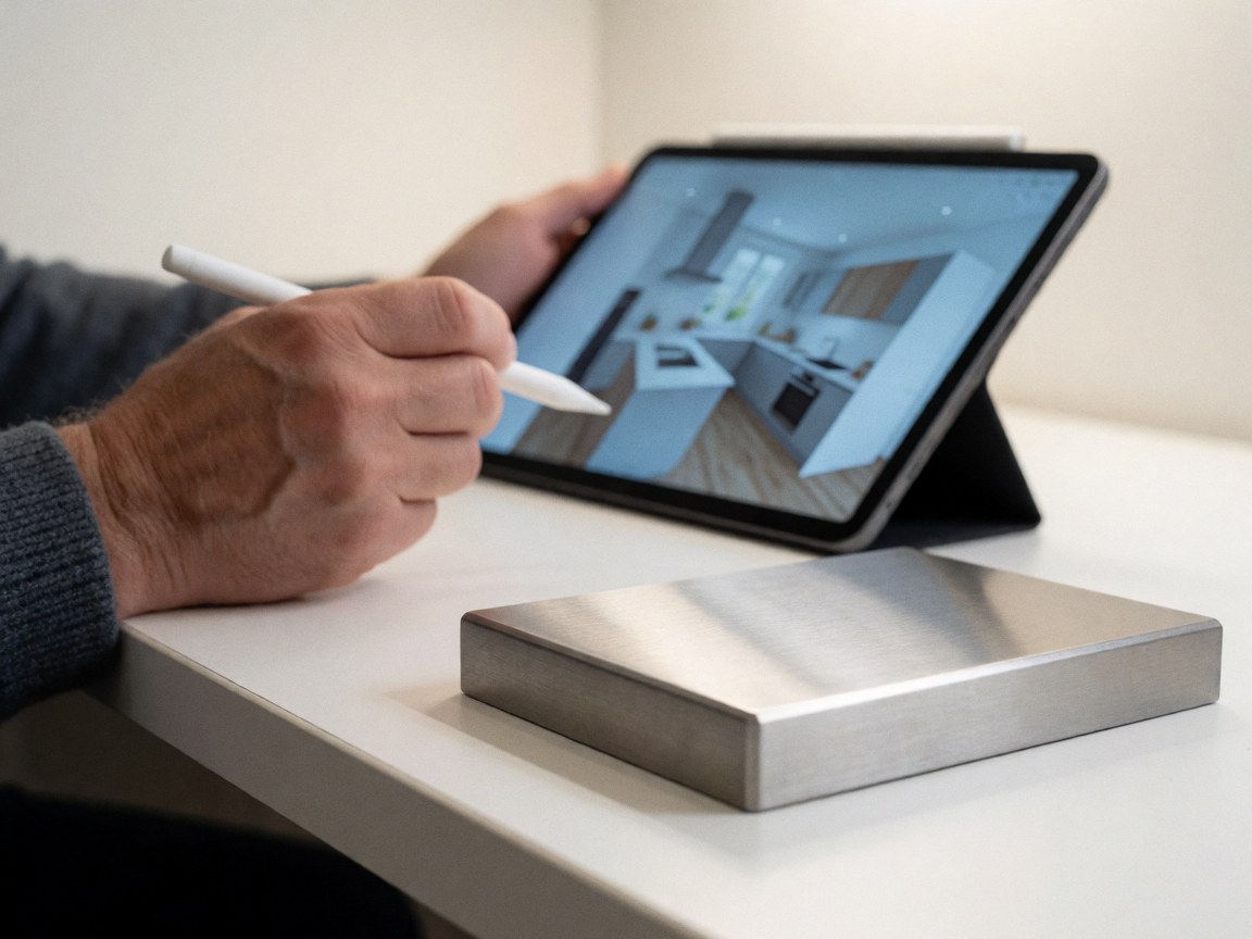 Échantillon d'acier inoxydable en premier plan sur une table blanche, main tenant une tablette affichant un design 3D de cuisine professionnelle.