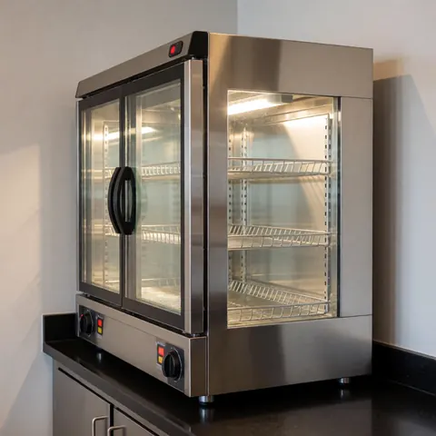 Vue rapprochée d'un plat rectangulaire en acier inoxydable conçu pour la préparation et le service de tapas dans un environnement professionnel.