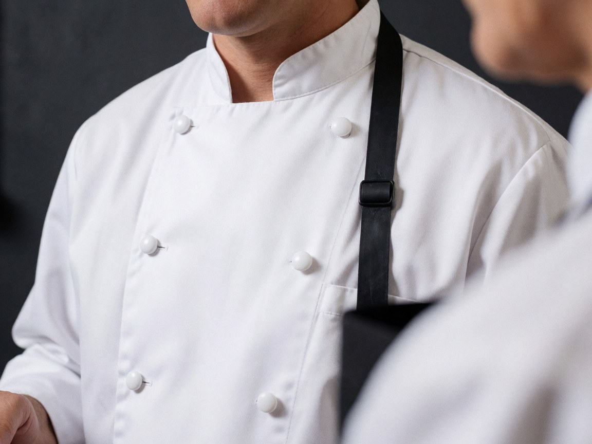 Gros plan sur la texture du tissu gris d'une veste de travail, mettant en évidence les boutons, la couture résistante et le col pour un uniforme professionnel durable.