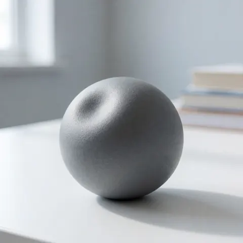 Une boule anti-stress posée sur un bureau blanc aux côtés de quelques livres, éclairée par une lumière naturelle douce.