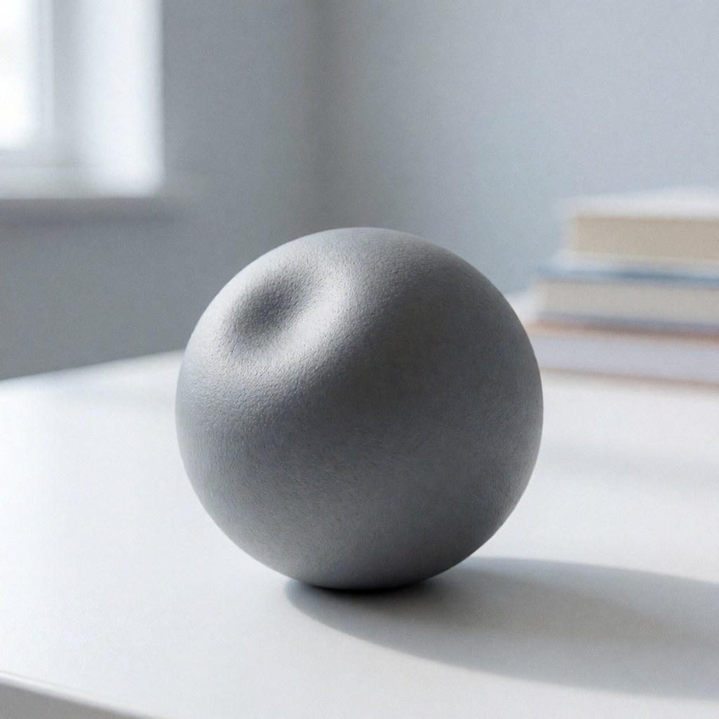Une boule anti-stress posée sur un bureau blanc aux côtés de quelques livres, éclairée par une lumière naturelle douce.