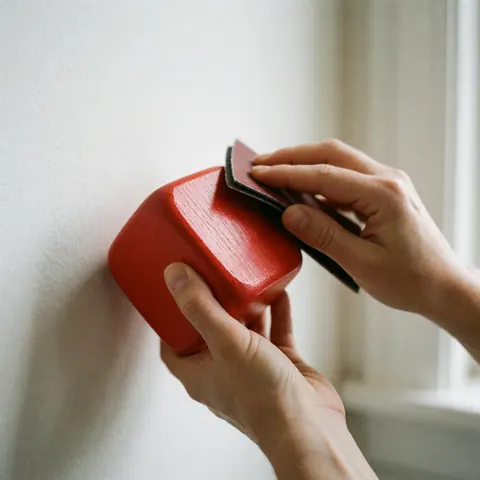Des mains lissant et polissant un bloc de bois rouge pour fabriquer un jouet sécurisé et doux pour les enfants.
