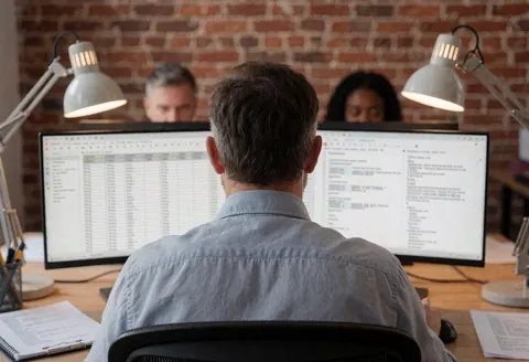 Vue arrière d'une personne assise à un bureau devant des moniteurs, dans un environnement professionnel avec mur en briques et lampes de bureau.