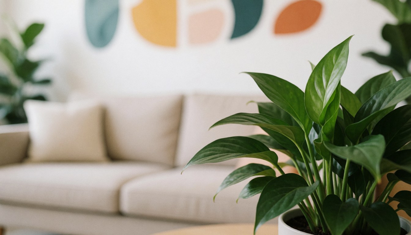 Plante verte en pot avec canapé beige et décoration artistique murale floue, idéale pour fond de texte dans environnements créatifs et professionnels.