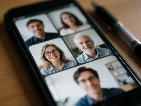 Vue rapprochée d'un bureau en bois avec un téléphone portable affichant une réunion vidéo, un stylo et des documents, évoquant le travail à distance.