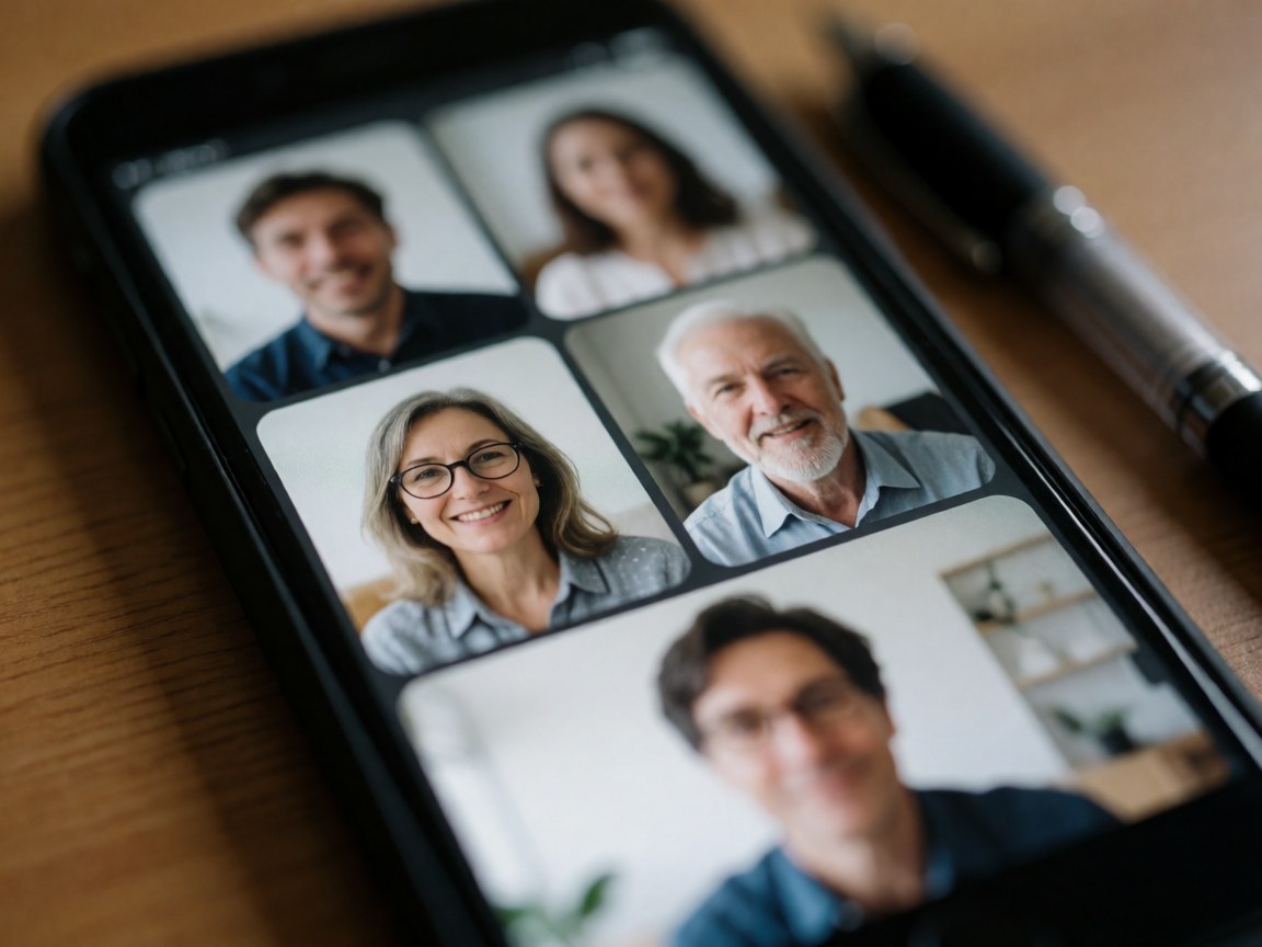 Vue rapprochée d'un bureau en bois avec un téléphone portable affichant une réunion vidéo, un stylo et des documents, évoquant le travail à distance.