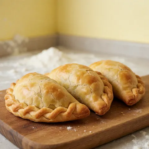 Trois empanadas croustillantes posées sur un plateau en bois avec de la farine, dans une cuisine aux murs jaunes.