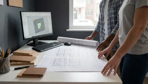 Deux professionnels analysent des plans sur un bureau avec des échantillons de bois et un écran affichant un dessin technique, dans un espace lumineux.