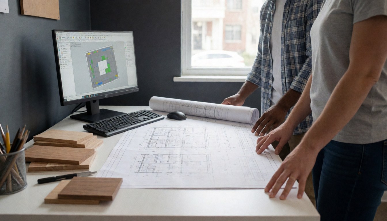Deux professionnels analysent des plans sur un bureau avec des échantillons de bois et un écran affichant un dessin technique, dans un espace lumineux.
