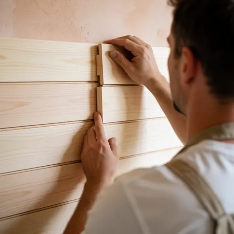 Des mains posent des lattes de bois clair contre un mur pour créer un revêtement décoratif en shiplap dans un espace intérieur.