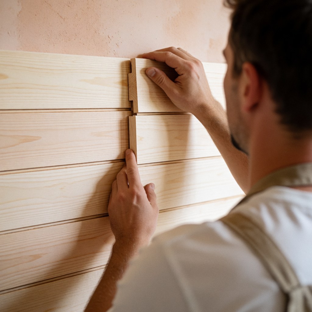 Des mains posent des lattes de bois clair contre un mur pour créer un revêtement décoratif en shiplap dans un espace intérieur.