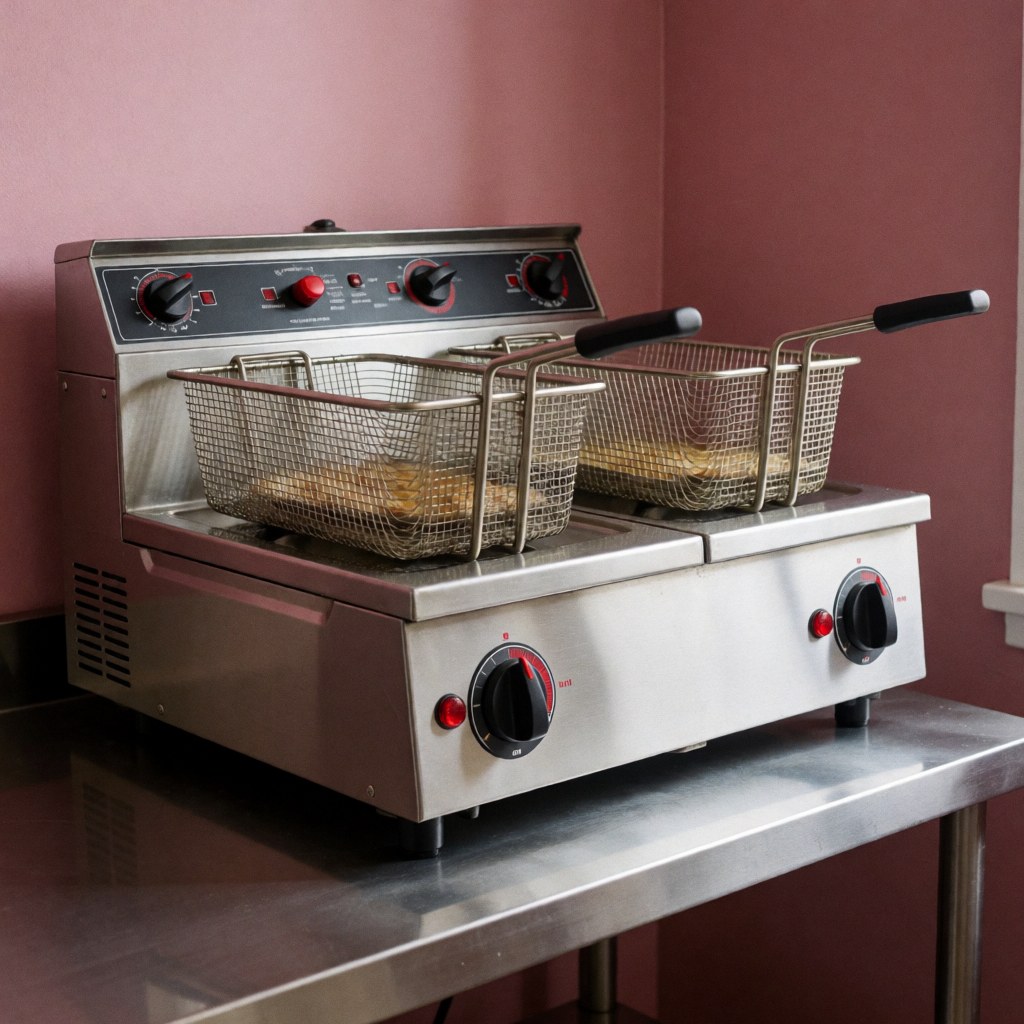 Une friteuse professionnelle en acier inoxydable avec ses paniers métalliques, placée devant un mur rose sous une lumière vive.