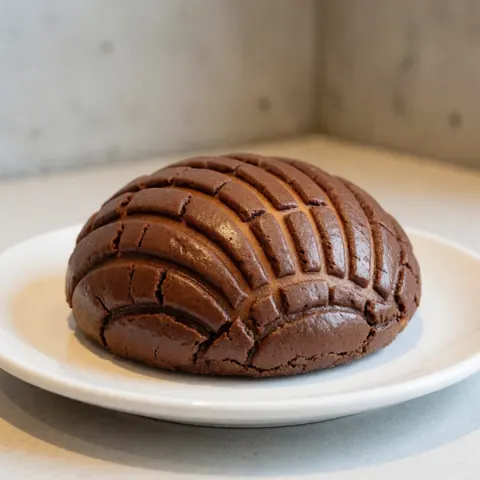 Une concha traditionnelle mexicaine recouverte de chocolat posée sur une assiette blanche devant un mur en béton avec une lumière chaude.