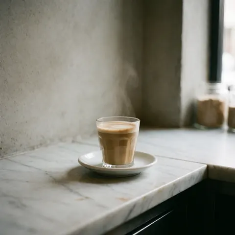 Un café au lait chaud est présenté dans un verre transparent posé sur une soucoupe, avec de la vapeur s'élevant du breuvage.