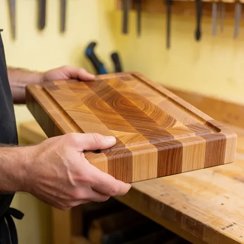 Vue rapprochée d'une planche à découper en bois avec un grain visible, conçue pour la préparation des aliments.