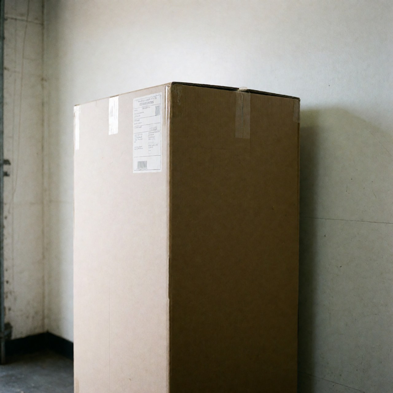 Caisse en carton avec étiquette et code-barres, prête pour le transport, dans un entrepôt aux murs blancs et à la lumière naturelle.