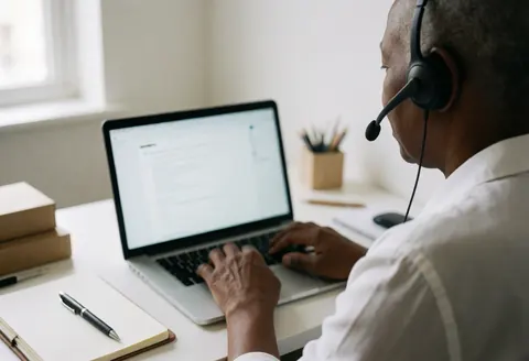 Un psychologue adulte utilise un ordinateur portable dans un bureau bien éclairé, accompagné d'un carnet et d'un stylo sur le bureau.