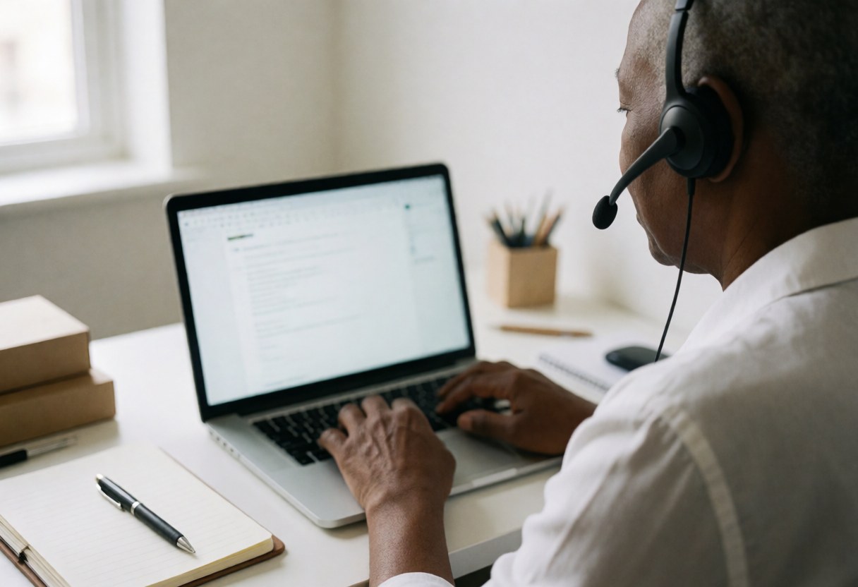 Un psychologue adulte utilise un ordinateur portable dans un bureau bien éclairé, accompagné d'un carnet et d'un stylo sur le bureau.