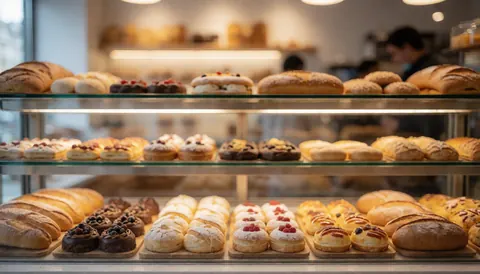 Arrière-plan de boulangerie avec des douceurs et du pain, éclairage chaleureux et flou, idéal pour textes commerciaux. Parfait pour les entreprises alimentaires.