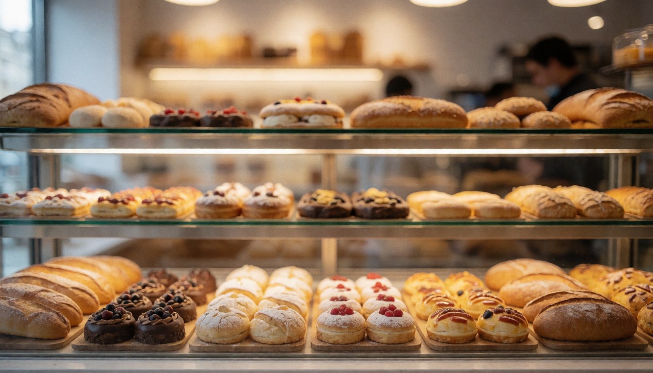 Arrière-plan de boulangerie avec des douceurs et du pain, éclairage chaleureux et flou, idéal pour textes commerciaux. Parfait pour les entreprises alimentaires.