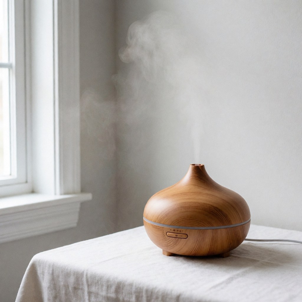 Un diffuseur d'huiles essentielles en bois posé sur une surface plane, évoquant la nature et la relaxation.