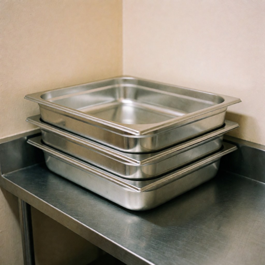Plusieurs bandes GN en acier inoxydable empilées proprement, destinées à un usage professionnel en cuisine industrielle et restauration commerciale.