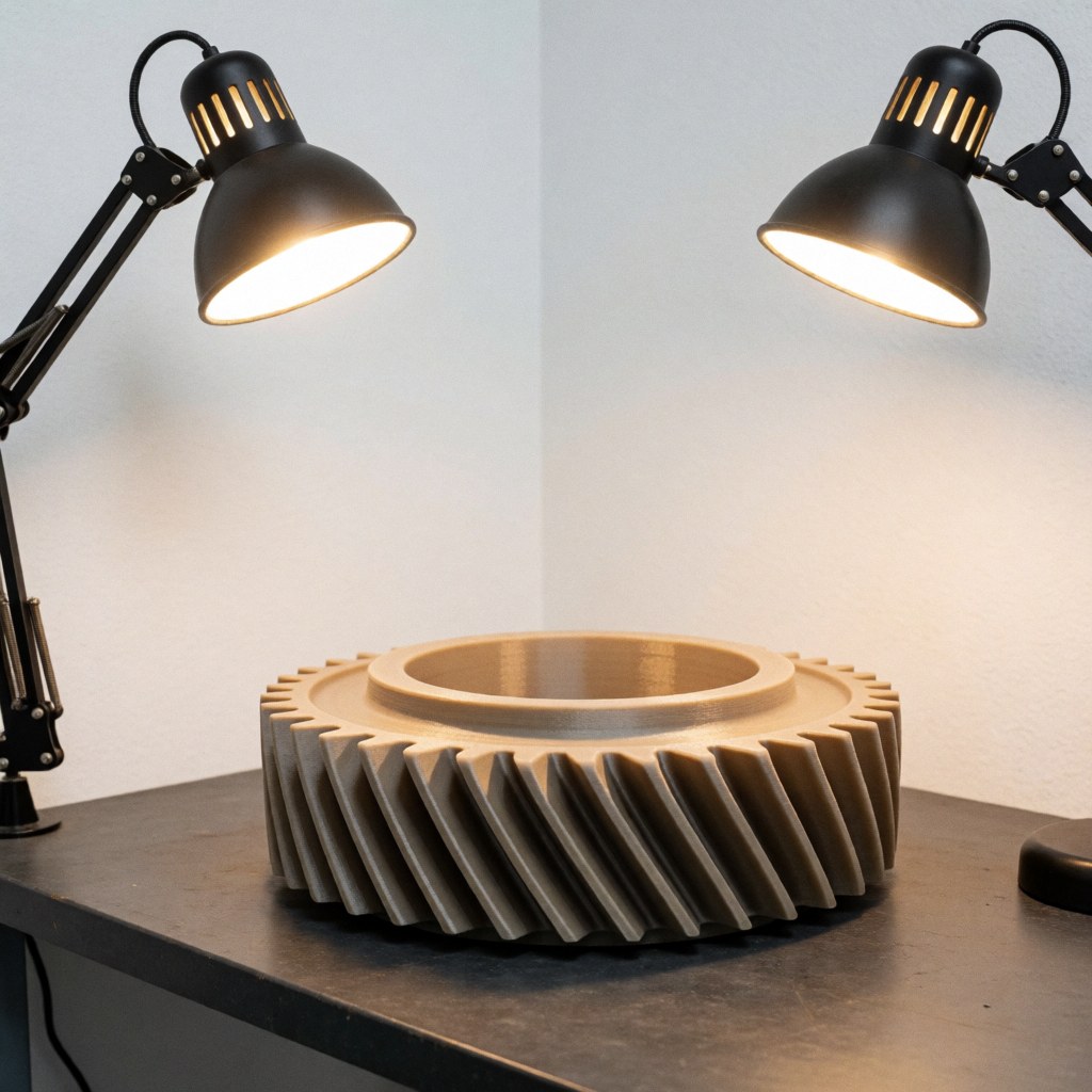 Composant industriel en polymère avec des dents hélicoïdales posé sur une table de travail, éclairé par deux lampes de bureau chaudes dans un atelier.