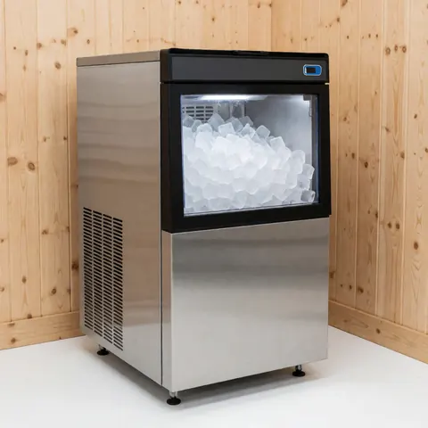Machine à glace commerciale en acier inoxydable avec des glaçons transparents visibles sur fond blanc et murs en bois clair, idéale pour restaurants et bars.