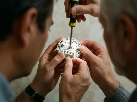 Deux personnes en équipe installent un thermostat à l'aide d'un tournevis, focus sur les mains et l'outil avec un fond flou.